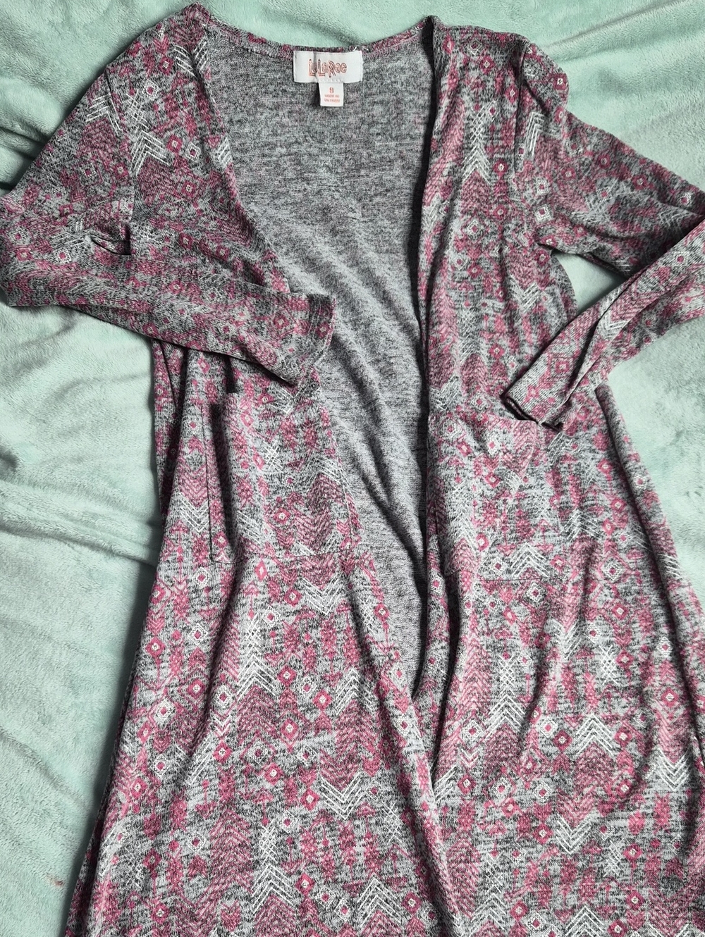 LuLaRoe Kids Sariah Gray and Pink Floral Open-Front Duster